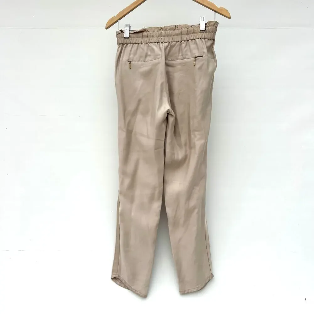 Tory Burch Satin Modal Rayon Tapered Drawstring Pull On Trousers Pants Small Tan